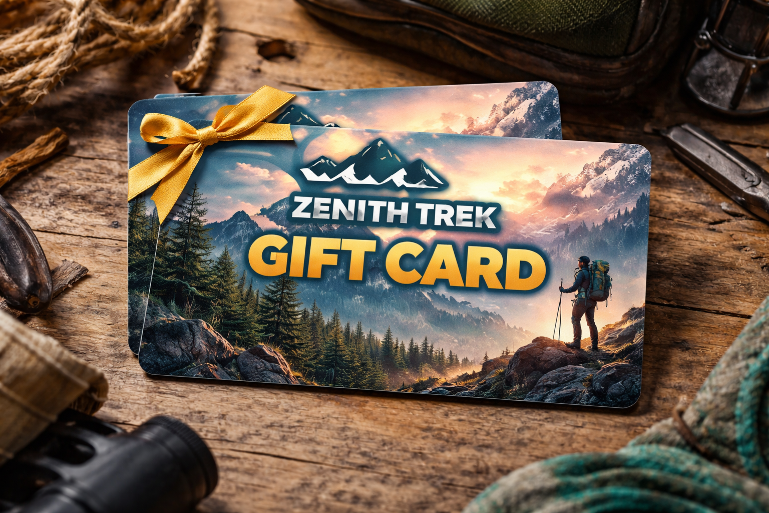 Zenith Trek gift card with scenic design on a wooden surface