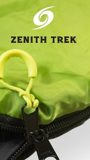 Green bag with 'Zenith Trek' zipper