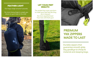 Comfort sleeping bag with expanded foot area for maximum foot comfort by Zenith Trek.