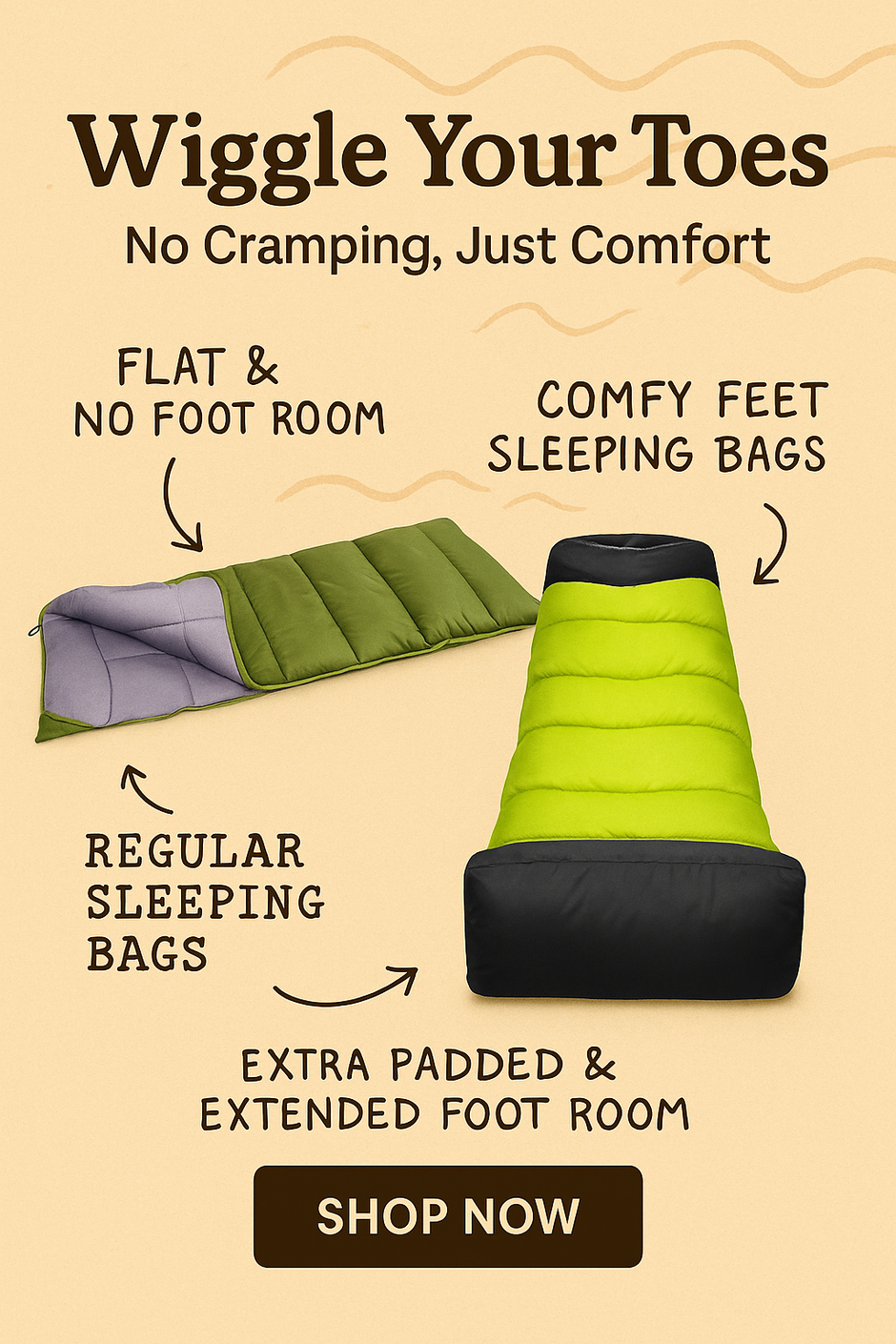 Advertisement for sleeping bags with text and product images on a beige background