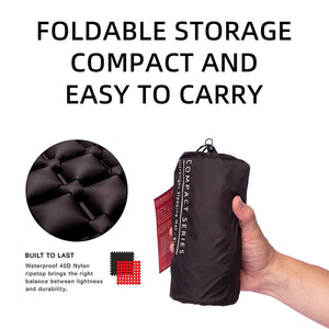 Foldable storage bag with text highlighting its compact and easy-to-carry nature, made of waterproof 40D Nylon.
