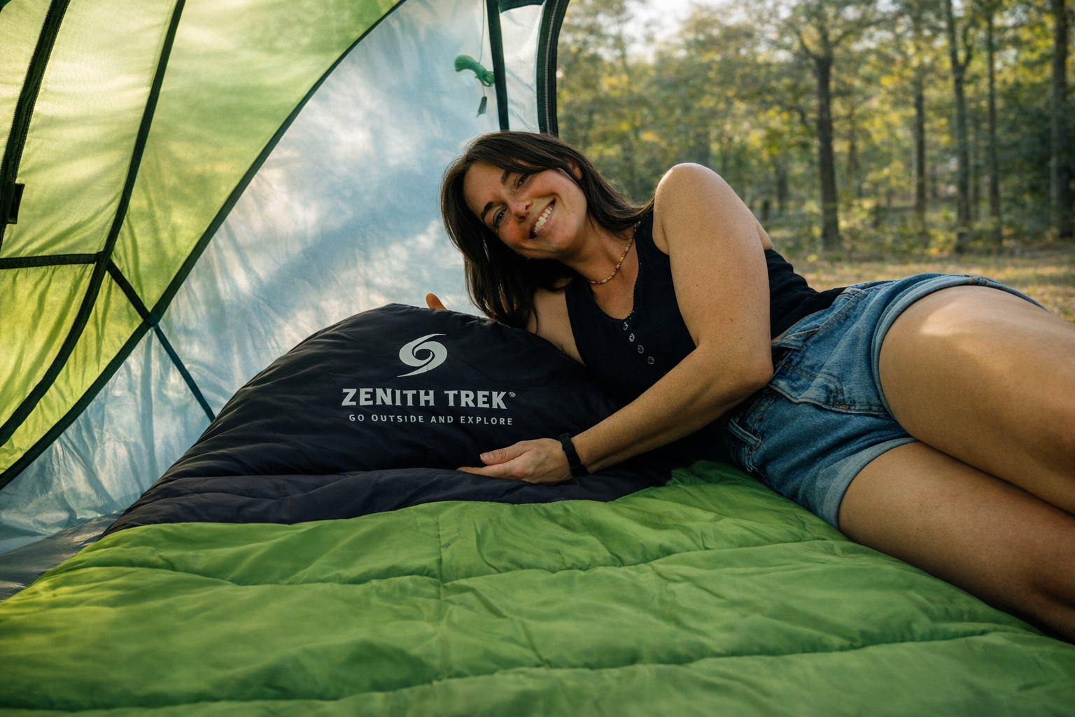 Woman lying in a tent with a 'Zenith Trek' sleeping bag in a forest setting