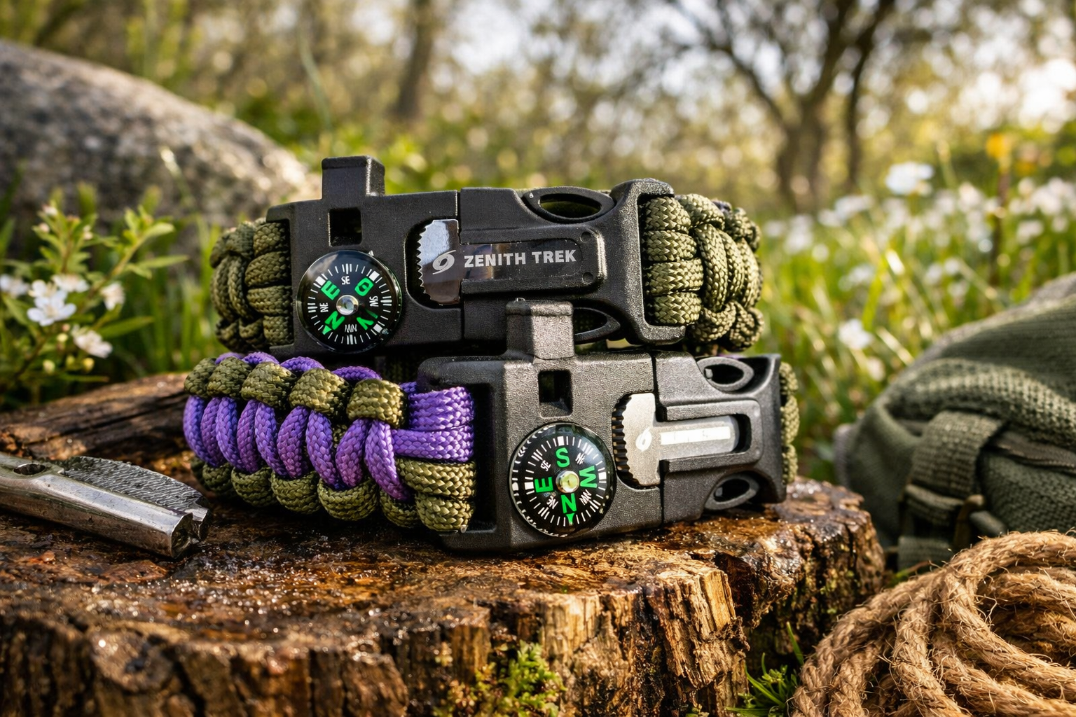 Multitool with paracord and compass on a wooden log outdoors
