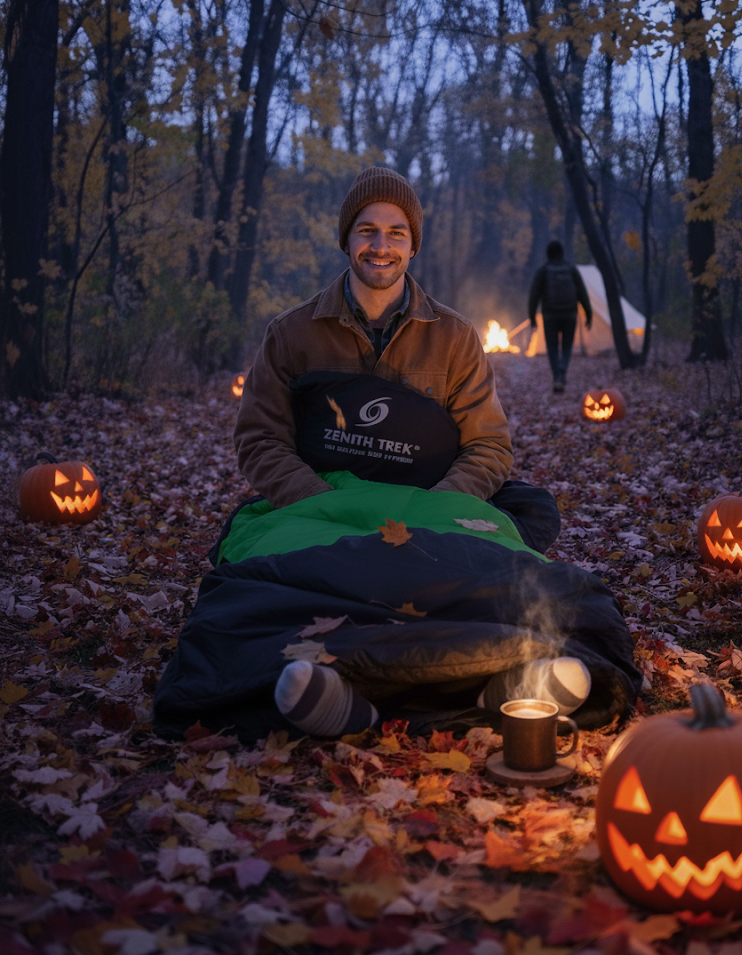 Man sitting in a sleeping bag surrounded by pumpkins and campfire in a forest at night.