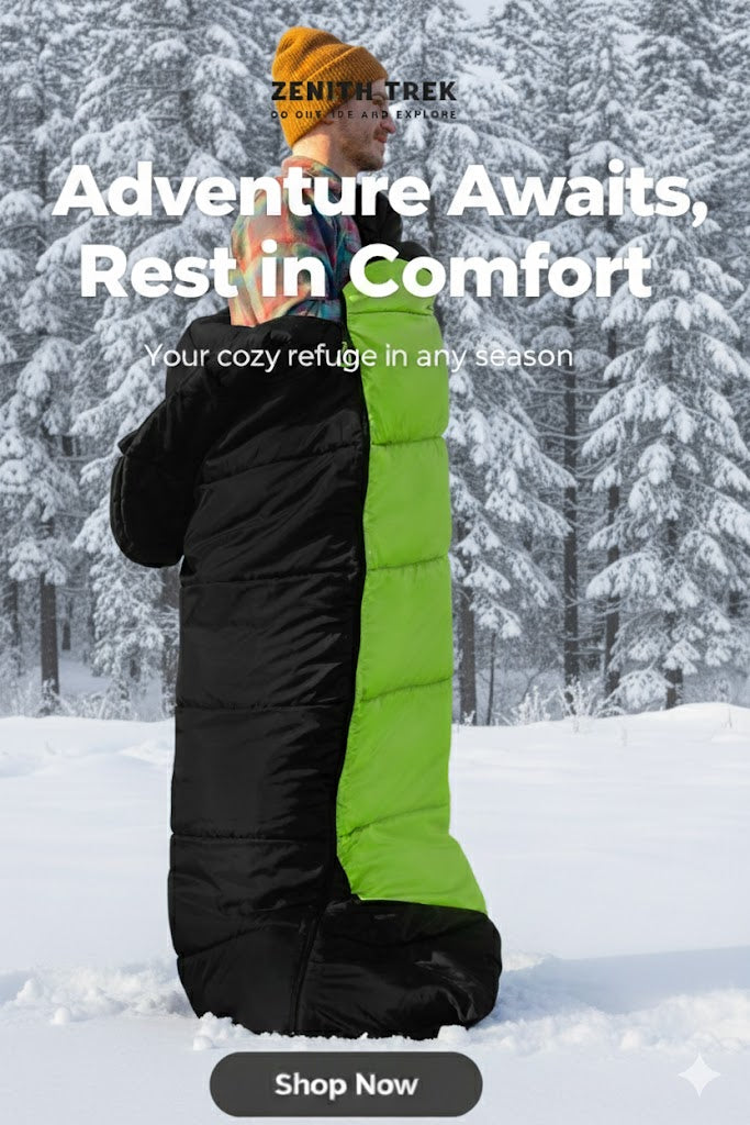 Person using a green and black sleeping bag in a snowy forest with 'Zenith Trek' branding.