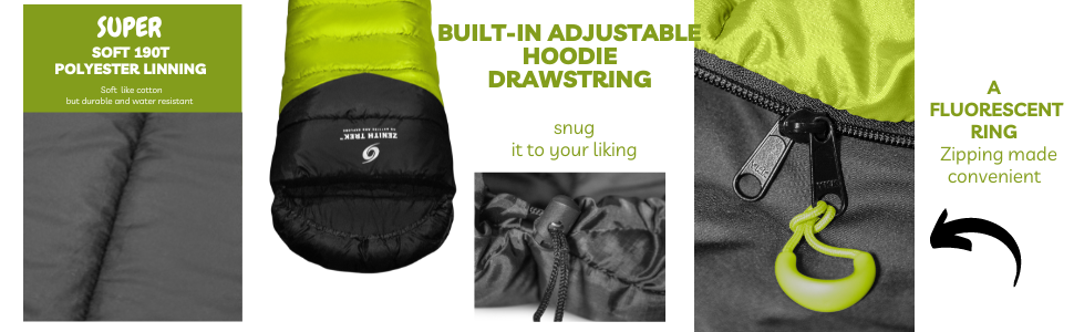 Comfort sleeping bag with expanded foot area for maximum foot comfort by Zenith Trek.
