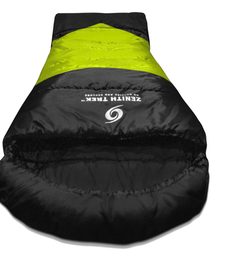 Comfort sleeping bag with expanded foot area for maximum foot comfort by Zenith Trek.