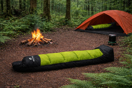 Forestcampsitewithvibranttentandfire Zenith Trek sleeping bags on Camp Site